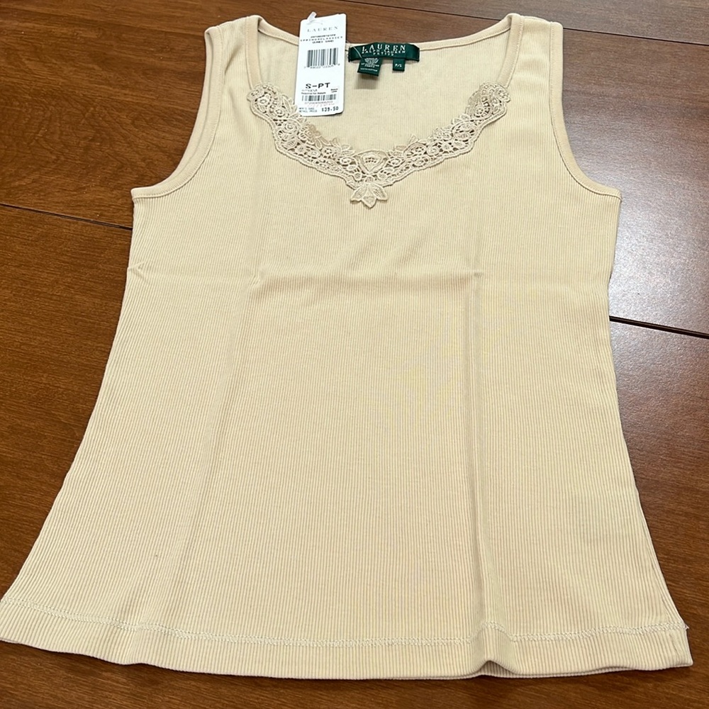 NWT Lauren P/S Ribbed Tank Top with lace embroidery V Neck